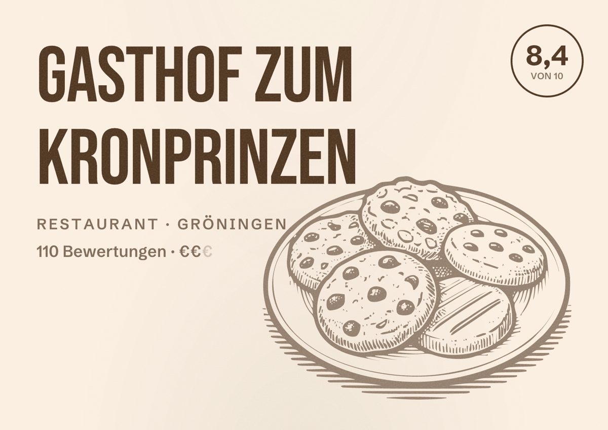 Illustriertes Poster von Gasthof Zum Kronprinzen, Restaurant in Gröningen: Bewertung 8,4 von 10 aus 110 Bewertungen, Preisniveau €€