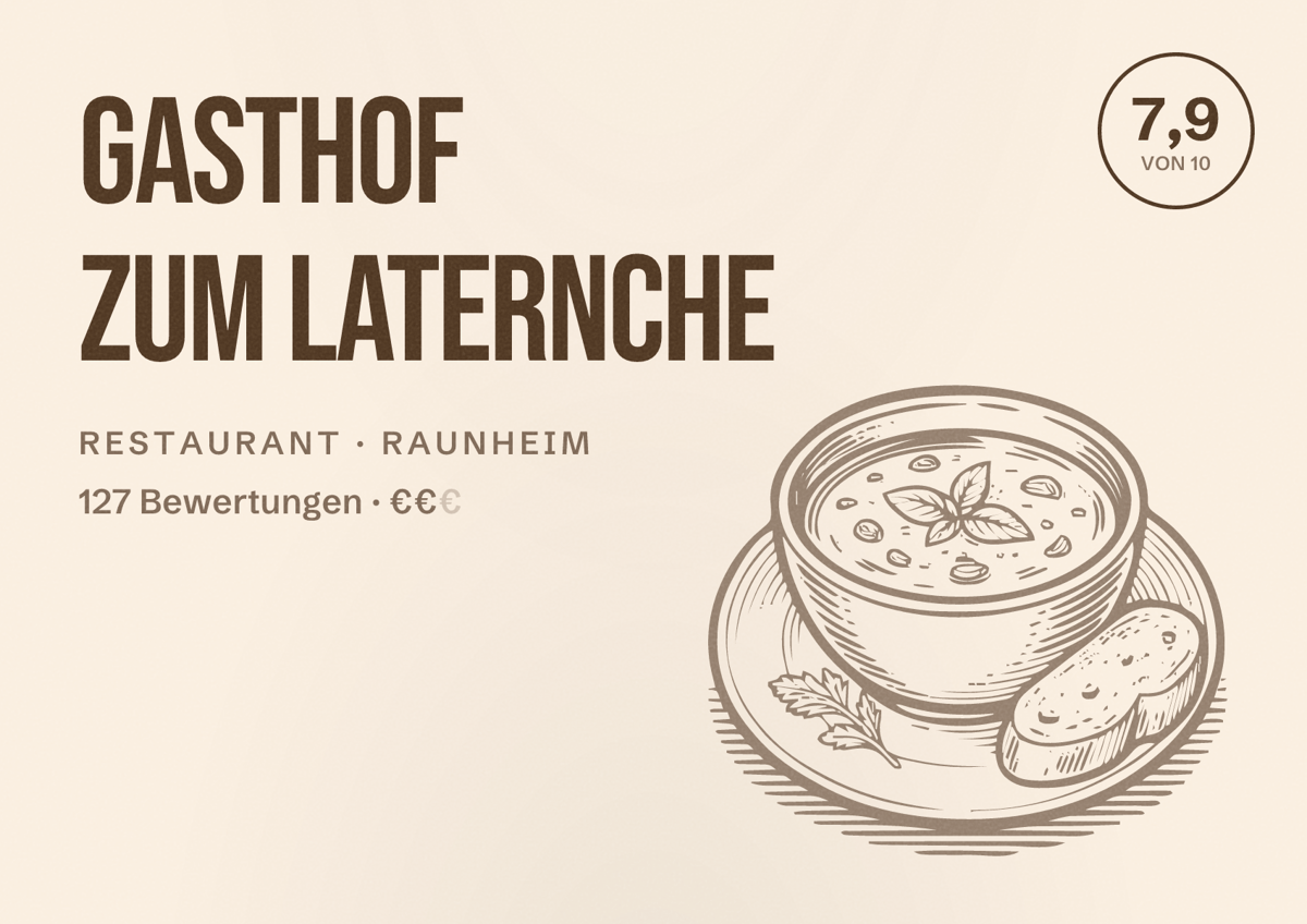 Illustriertes Poster von Gasthof zum Laternche, Restaurant in Raunheim: Bewertung 7,9 von 10 aus 127 Bewertungen, Preisniveau €€