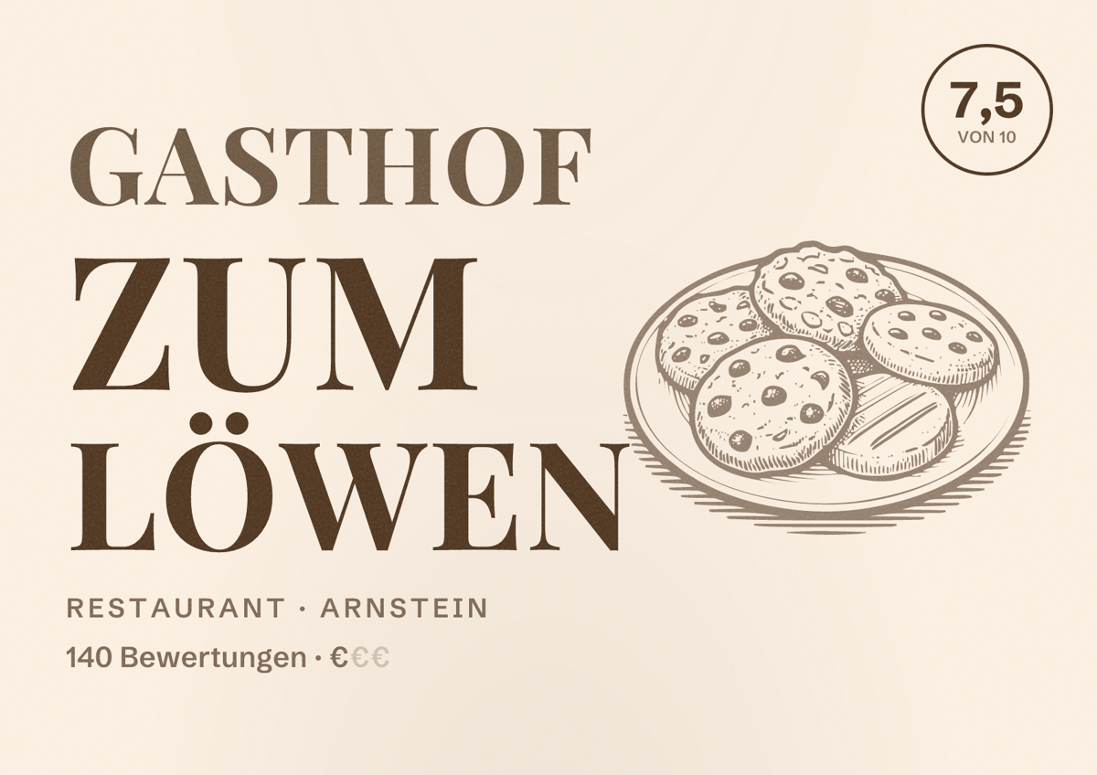 Illustriertes Poster von Gasthof Zum Löwen, Restaurant in Arnstein: Bewertung 7,5 von 10 aus 140 Bewertungen, Preisniveau €
