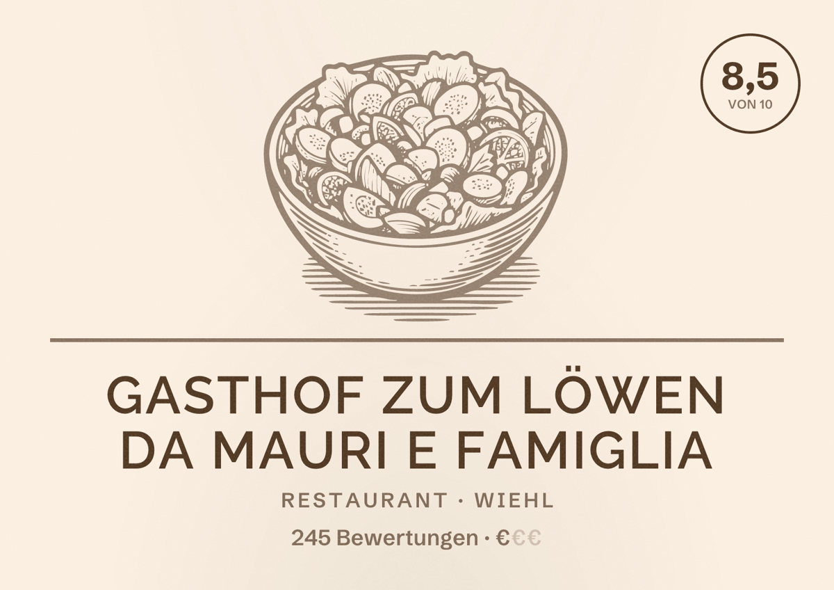 Illustriertes Poster von Gasthof zum Löwen da mauri e famiglia, Restaurant in Wiehl: Bewertung 8,5 von 10 aus 245 Bewertungen, Preisniveau €