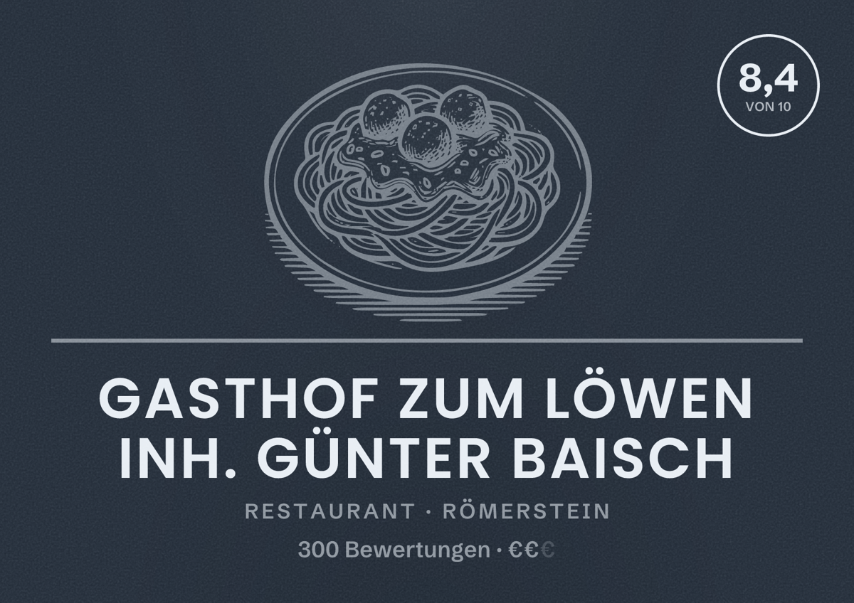 Illustriertes Poster von Gasthof zum Löwen Inh. Günter Baisch, Restaurant in Römerstein: Bewertung 8,4 von 10 aus 300 Bewertungen, Preisniveau €€