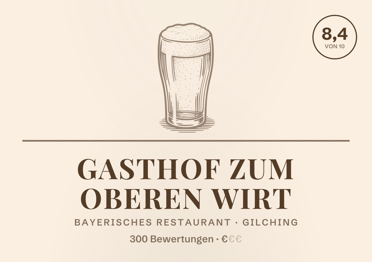 Illustriertes Poster von Gasthof zum Oberen Wirt, Bayerisches Restaurant in Gilching: Bewertung 8,4 von 10 aus 300 Bewertungen, Preisniveau €