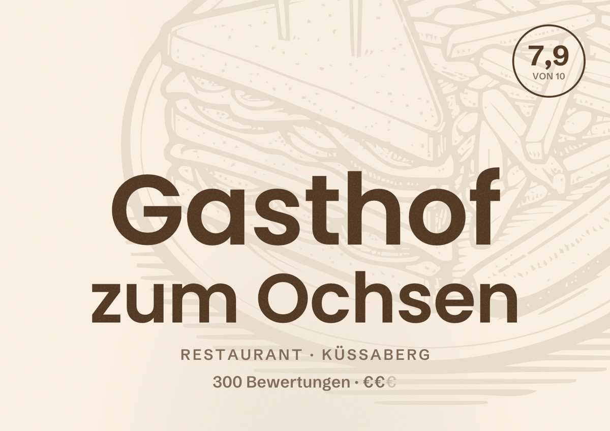 Illustriertes Poster von Gasthof zum Ochsen, Restaurant in Küssaberg: Bewertung 7,9 von 10 aus 300 Bewertungen, Preisniveau €€