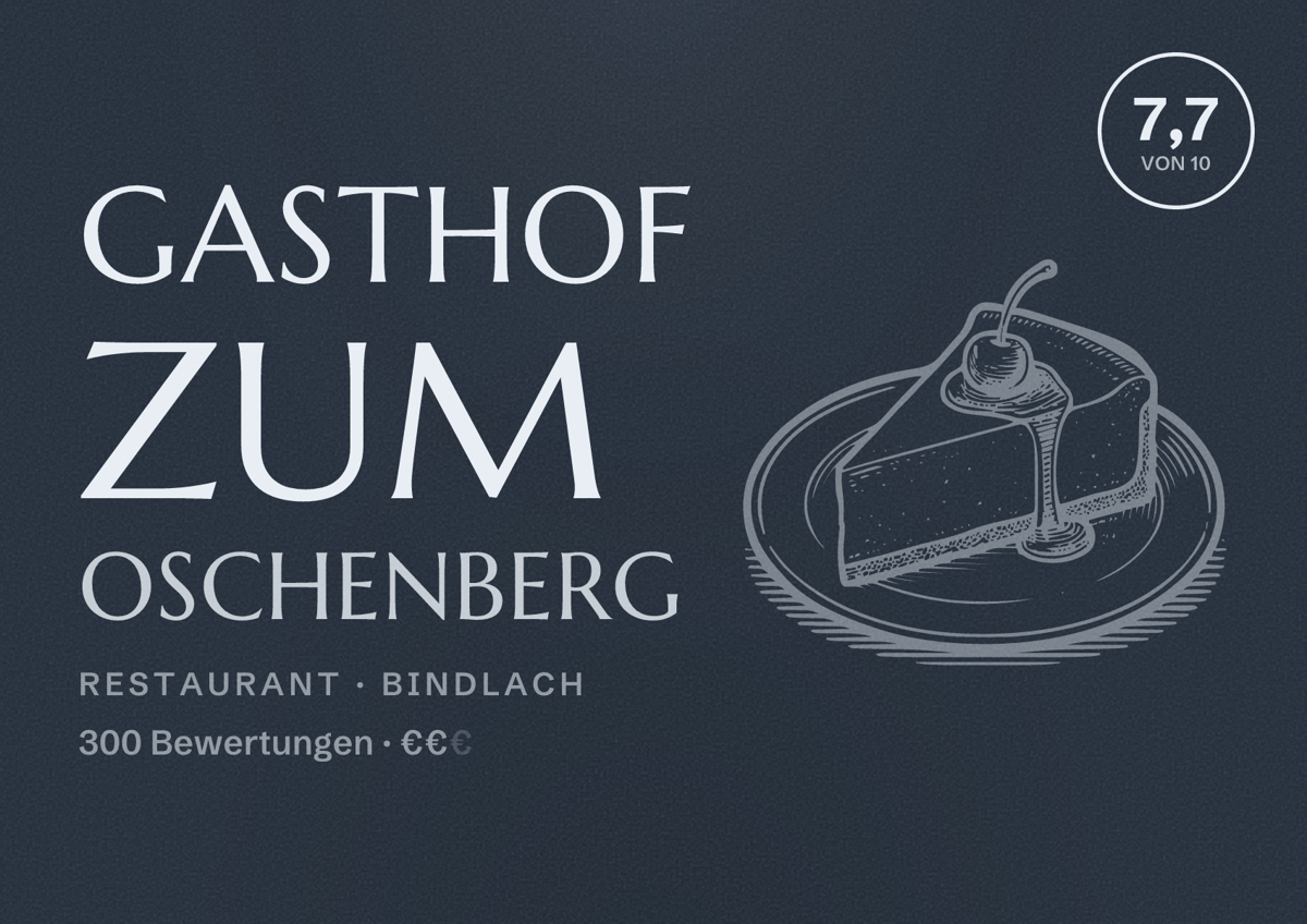 Illustriertes Poster von Gasthof zum Oschenberg, Restaurant in Bindlach: Bewertung 7,7 von 10 aus 300 Bewertungen, Preisniveau €€