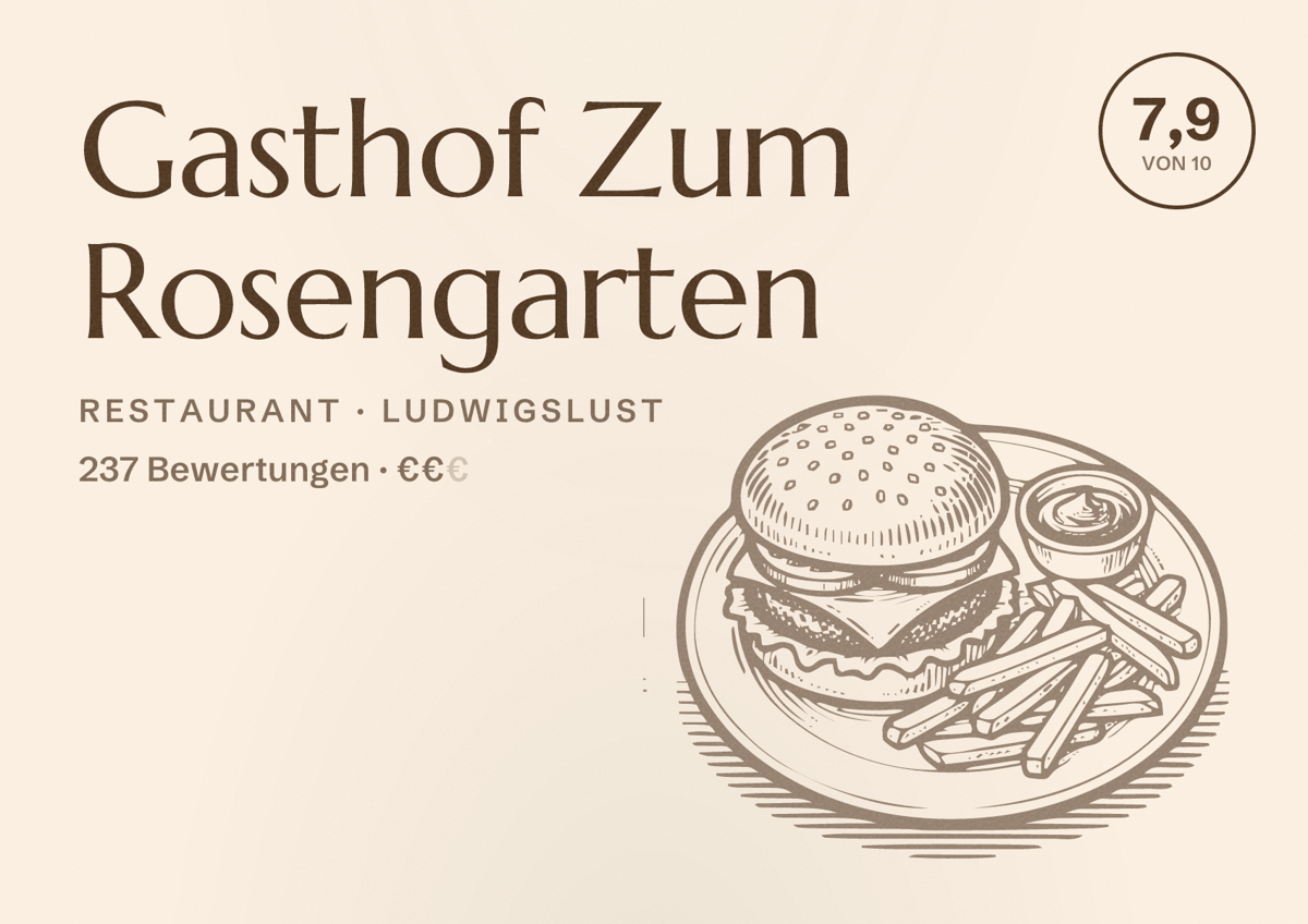 Illustriertes Poster von Gasthof Zum Rosengarten, Restaurant in Ludwigslust: Bewertung 7,9 von 10 aus 237 Bewertungen, Preisniveau €€