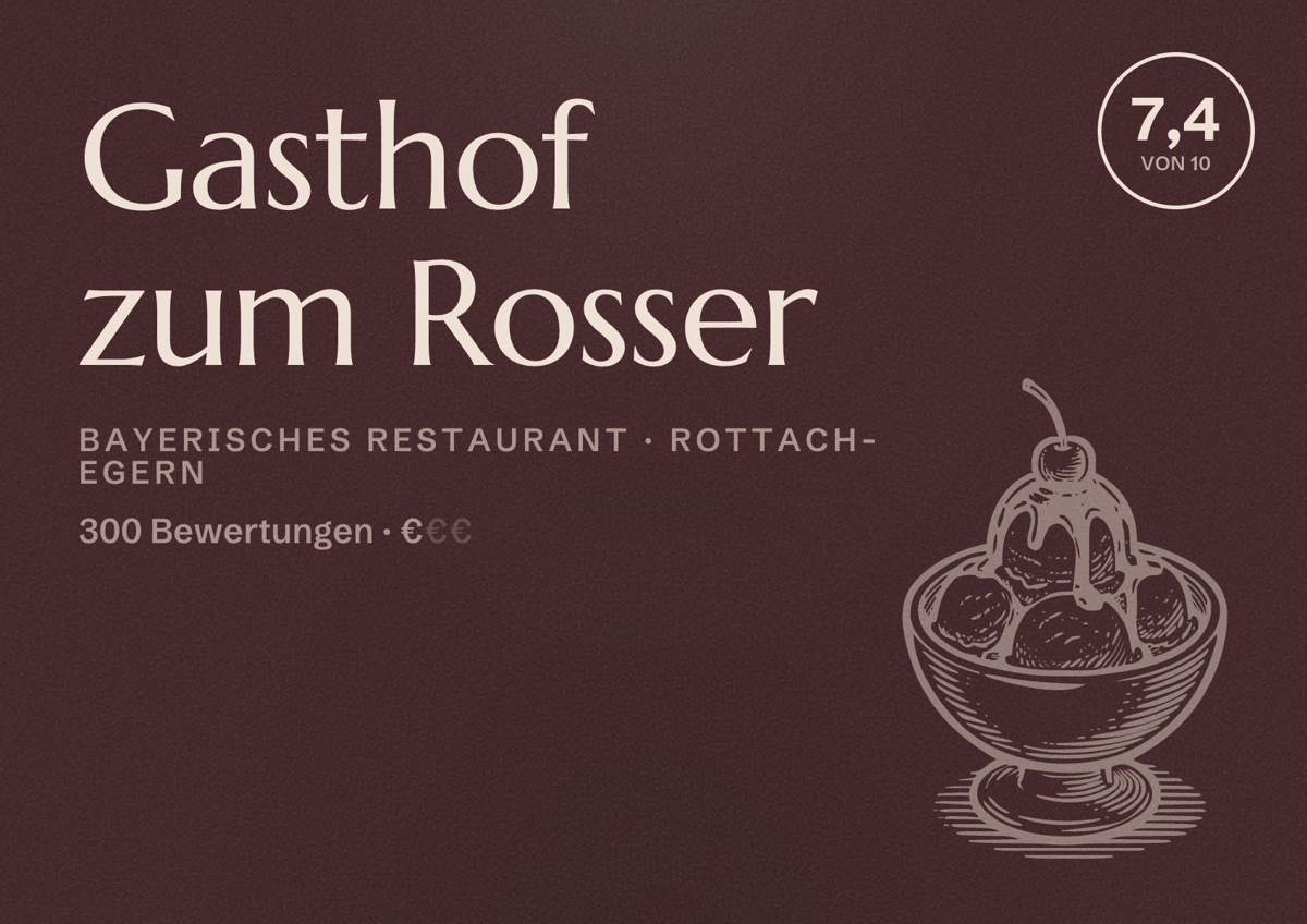 Illustriertes Poster von Gasthof zum Rosser, Bayerisches Restaurant in Rottach-Egern: Bewertung 7,4 von 10 aus 300 Bewertungen, Preisniveau €