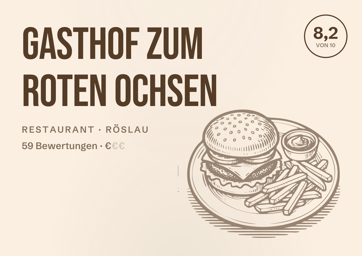 Illustriertes Poster von Gasthof zum Roten Ochsen, Restaurant in Röslau: Bewertung 8,2 von 10 aus 59 Bewertungen, Preisniveau €