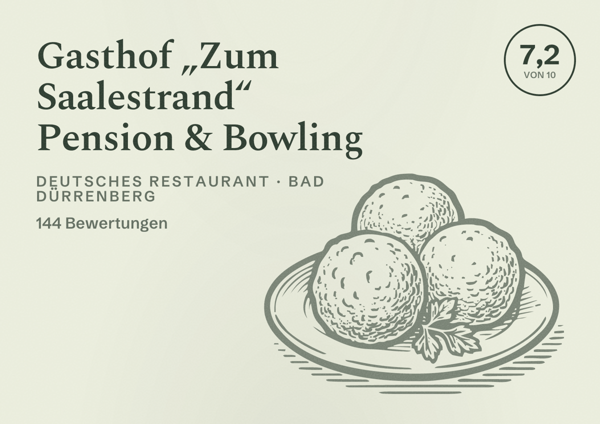 Illustriertes Poster von Gasthof „Zum Saalestrand“ Pension & Bowling, Deutsches Restaurant in Bad Dürrenberg: Bewertung 7,2 von 10 aus 144 Bewertungen