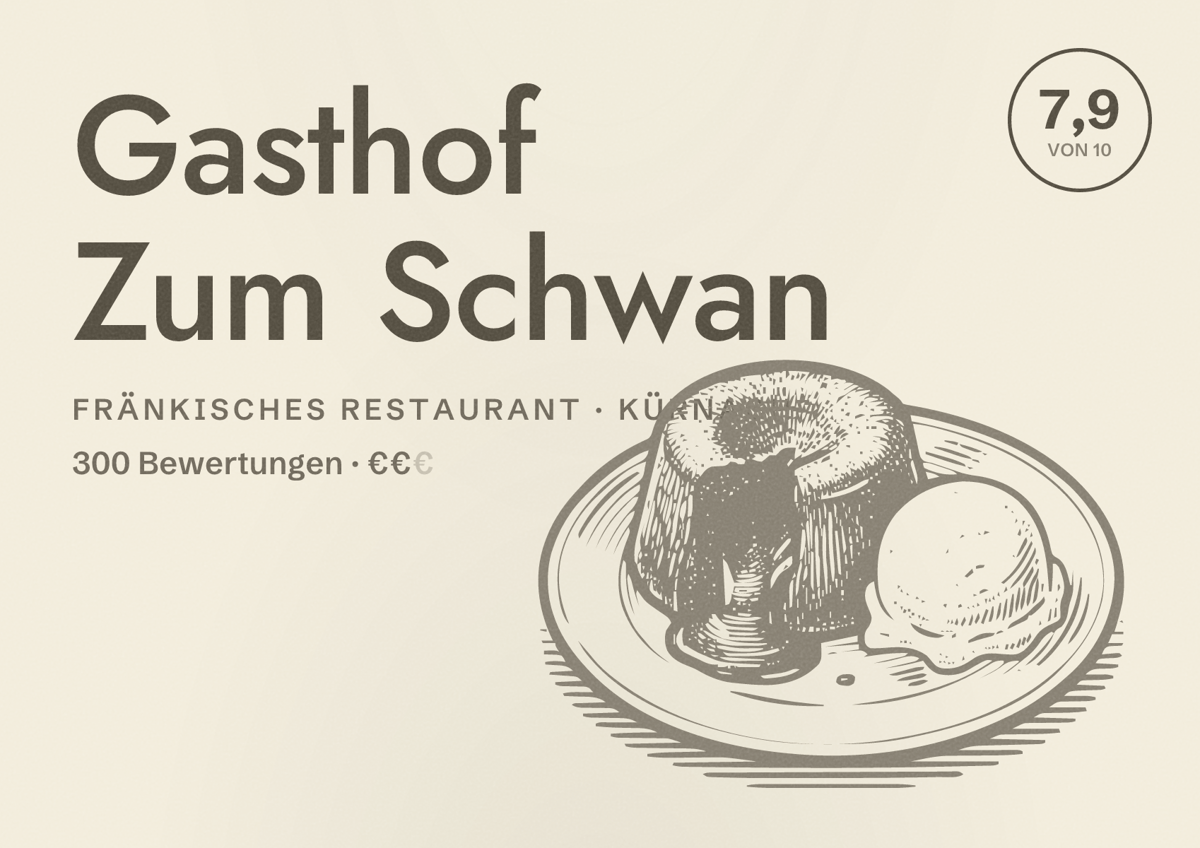 Illustriertes Poster von Gasthof Zum Schwan, Fränkisches Restaurant in Kürnach: Bewertung 7,9 von 10 aus 300 Bewertungen, Preisniveau €€