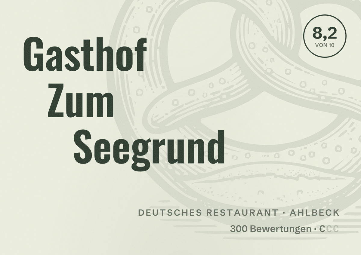 Illustriertes Poster von Gasthof Zum Seegrund, Deutsches Restaurant in Ahlbeck: Bewertung 8,2 von 10 aus 300 Bewertungen, Preisniveau €