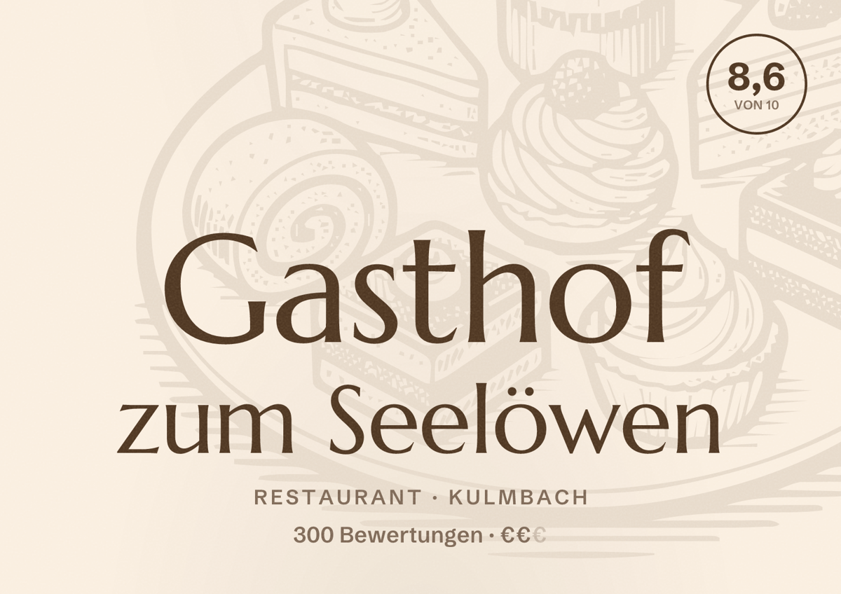 Illustriertes Poster von Gasthof zum Seelöwen, Restaurant in Kulmbach: Bewertung 8,6 von 10 aus 300 Bewertungen, Preisniveau €€