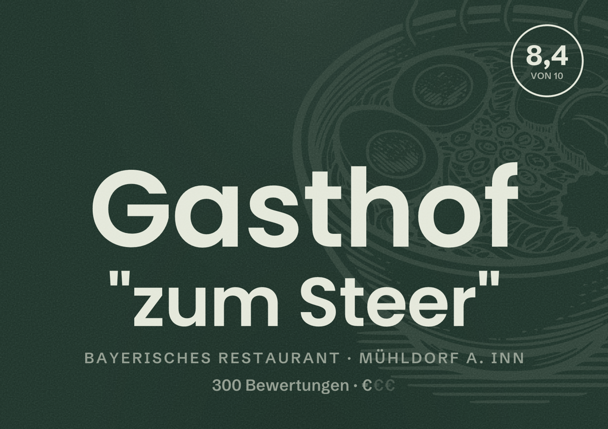 Illustriertes Poster von Gasthof "zum Steer", Bayerisches Restaurant in Mühldorf a. Inn: Bewertung 8,4 von 10 aus 300 Bewertungen, Preisniveau €