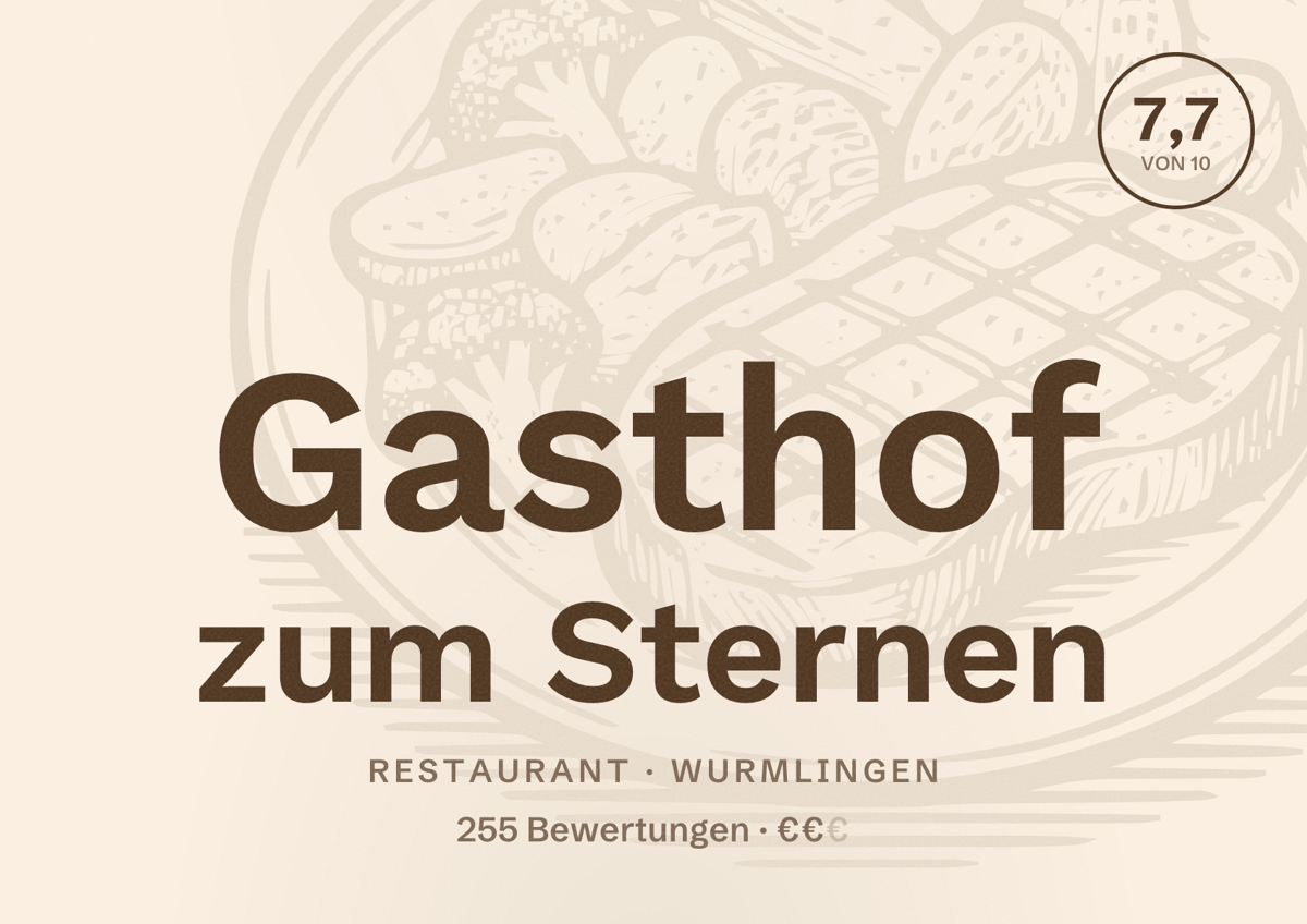 Illustriertes Poster von Gasthof zum Sternen, Restaurant in Wurmlingen: Bewertung 7,7 von 10 aus 255 Bewertungen, Preisniveau €€
