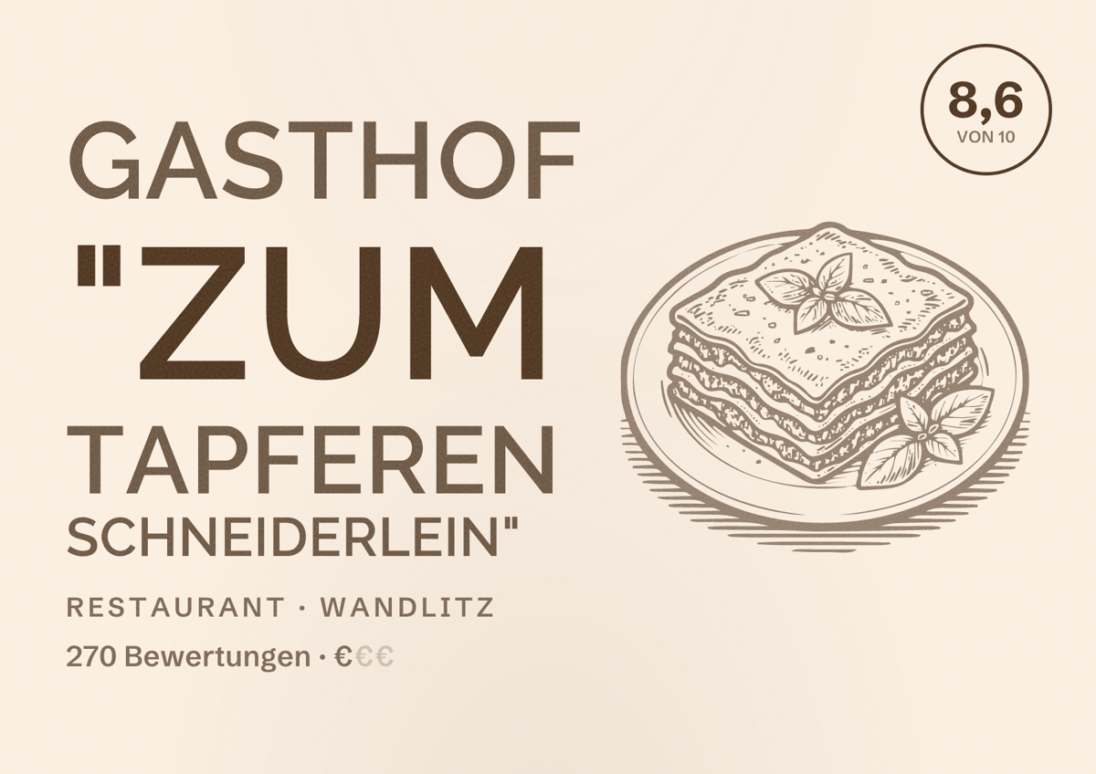 Illustriertes Poster von Gasthof "Zum tapferen Schneiderlein", Restaurant in Wandlitz: Bewertung 8,6 von 10 aus 270 Bewertungen, Preisniveau €