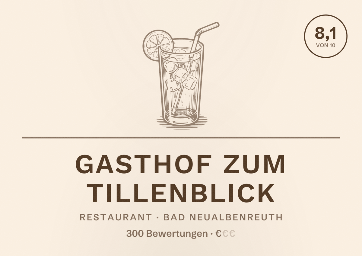 Illustriertes Poster von Gasthof Zum Tillenblick, Restaurant in Bad Neualbenreuth: Bewertung 8,1 von 10 aus 300 Bewertungen, Preisniveau €