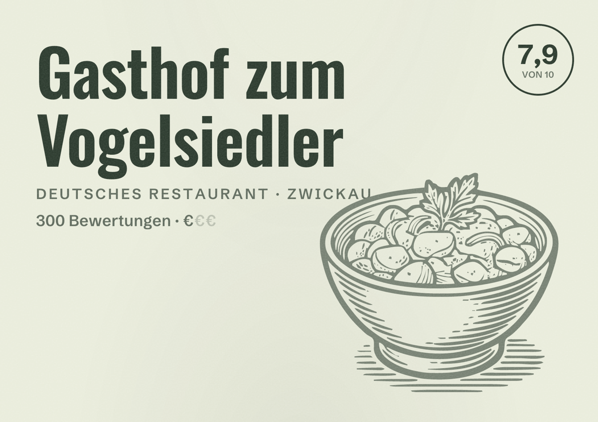 Illustriertes Poster von Gasthof zum Vogelsiedler, Deutsches Restaurant in Zwickau: Bewertung 7,9 von 10 aus 300 Bewertungen, Preisniveau €