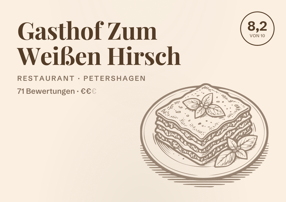 Illustriertes Poster von Gasthof Zum Weißen Hirsch, Restaurant in Petershagen: Bewertung 8,2 von 10 aus 71 Bewertungen, Preisniveau €€