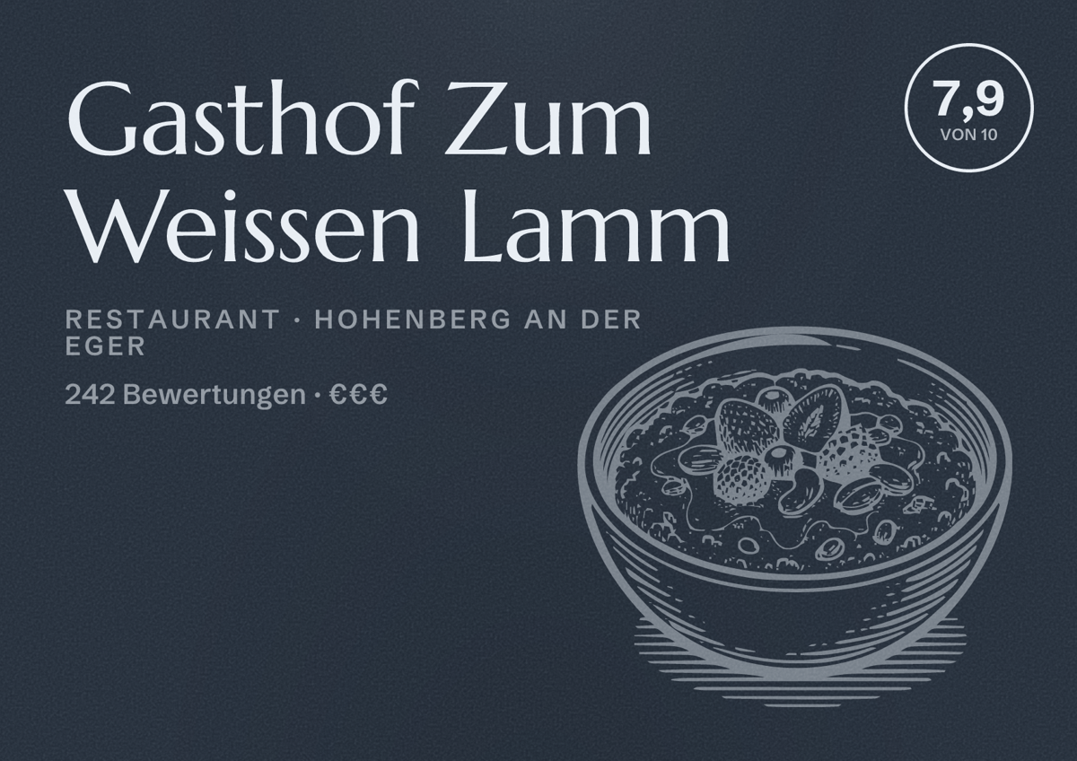 Illustriertes Poster von Gasthof Zum Weissen Lamm, Restaurant in Hohenberg an der Eger: Bewertung 7,9 von 10 aus 242 Bewertungen, Preisniveau €€€