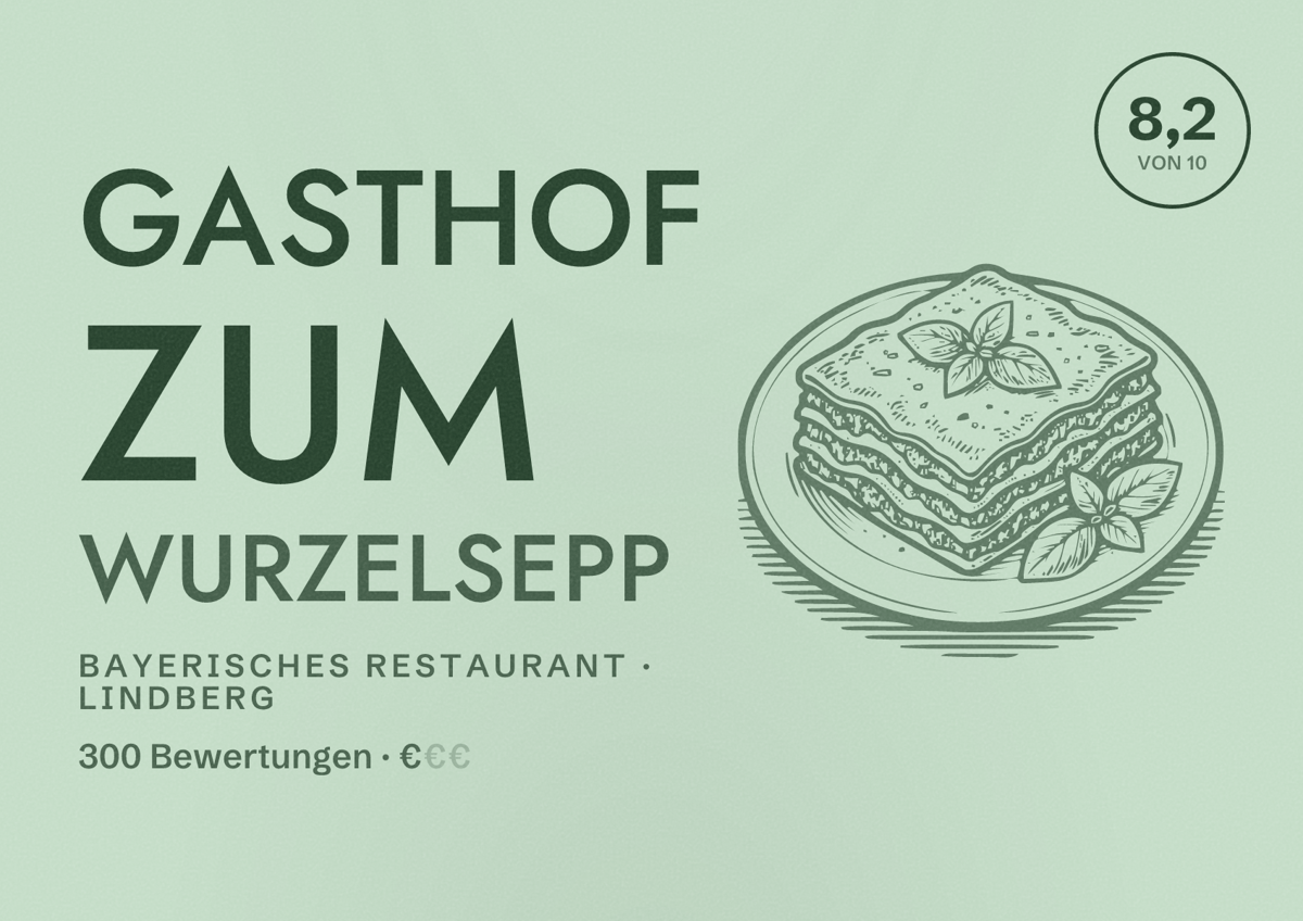 Illustriertes Poster von Gasthof zum Wurzelsepp, Bayerisches Restaurant in Lindberg: Bewertung 8,2 von 10 aus 300 Bewertungen, Preisniveau €