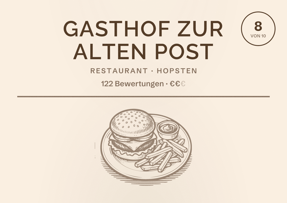 Illustriertes Poster von Gasthof zur Alten Post, Restaurant in Hopsten: Bewertung 8 von 10 aus 122 Bewertungen, Preisniveau €€