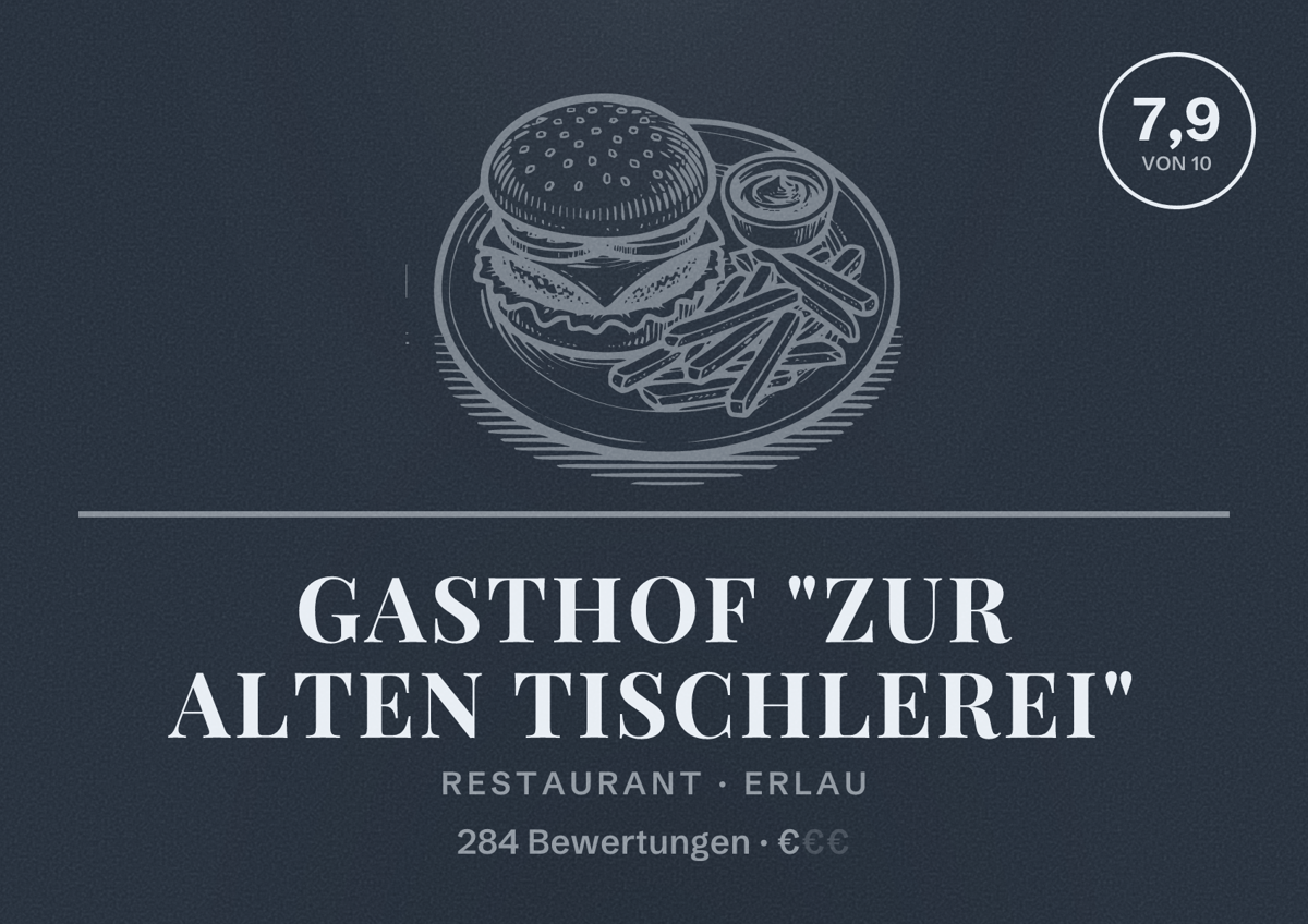 Illustriertes Poster von Gasthof "Zur Alten Tischlerei", Restaurant in Erlau: Bewertung 7,9 von 10 aus 284 Bewertungen, Preisniveau €