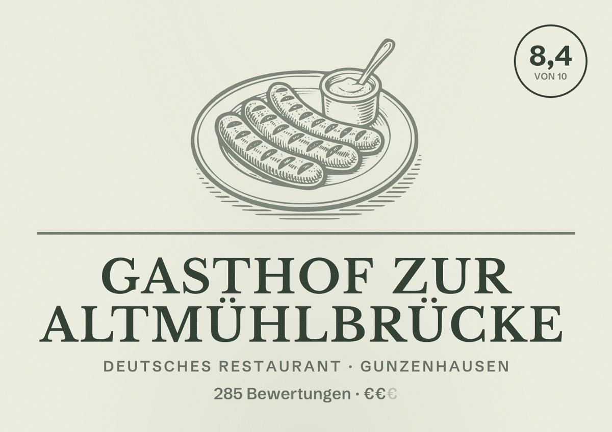 Illustriertes Poster von Gasthof zur Altmühlbrücke, Deutsches Restaurant in Gunzenhausen: Bewertung 8,4 von 10 aus 285 Bewertungen, Preisniveau €€