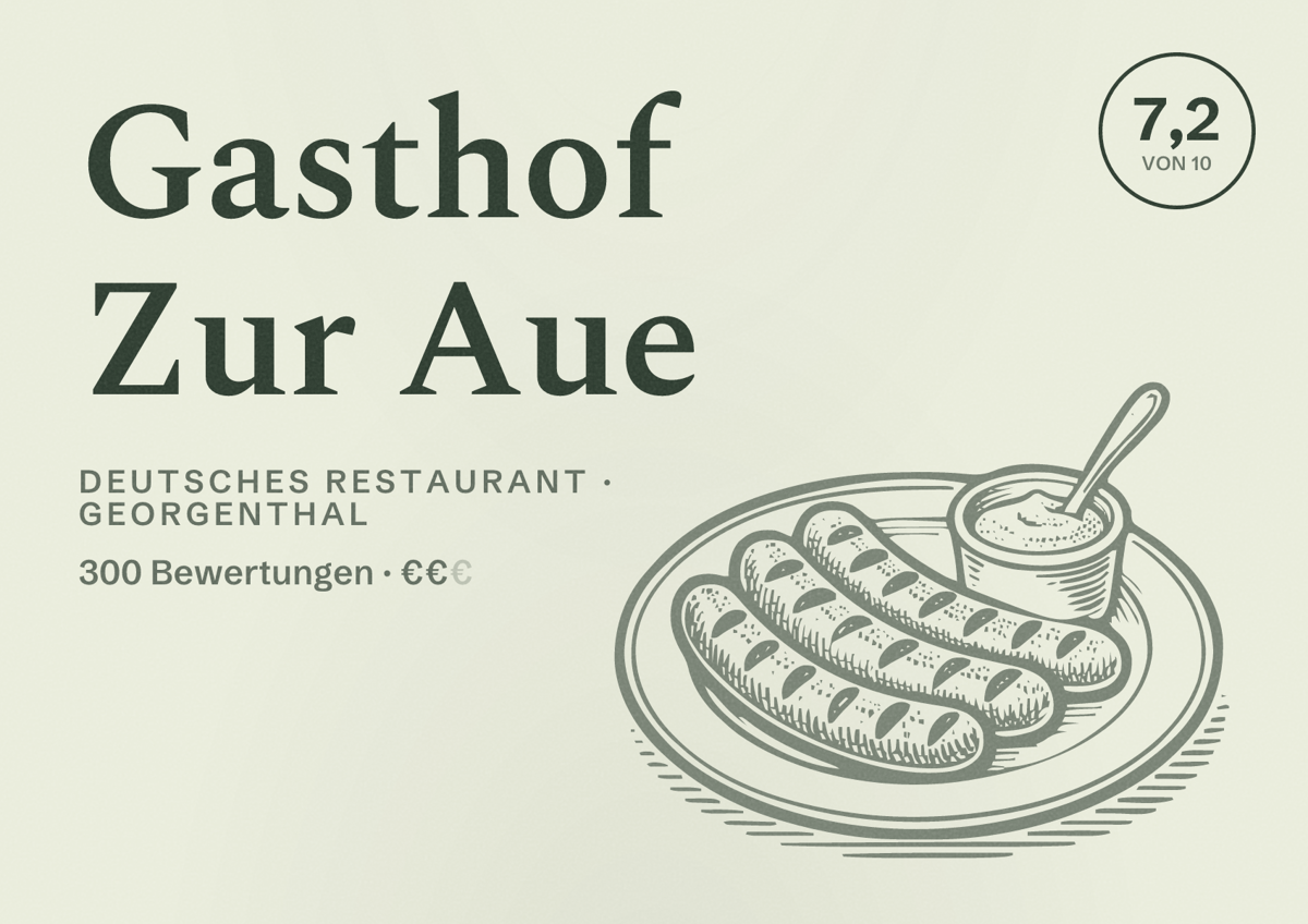 Illustriertes Poster von Gasthof Zur Aue, Deutsches Restaurant in Georgenthal: Bewertung 7,2 von 10 aus 300 Bewertungen, Preisniveau €€