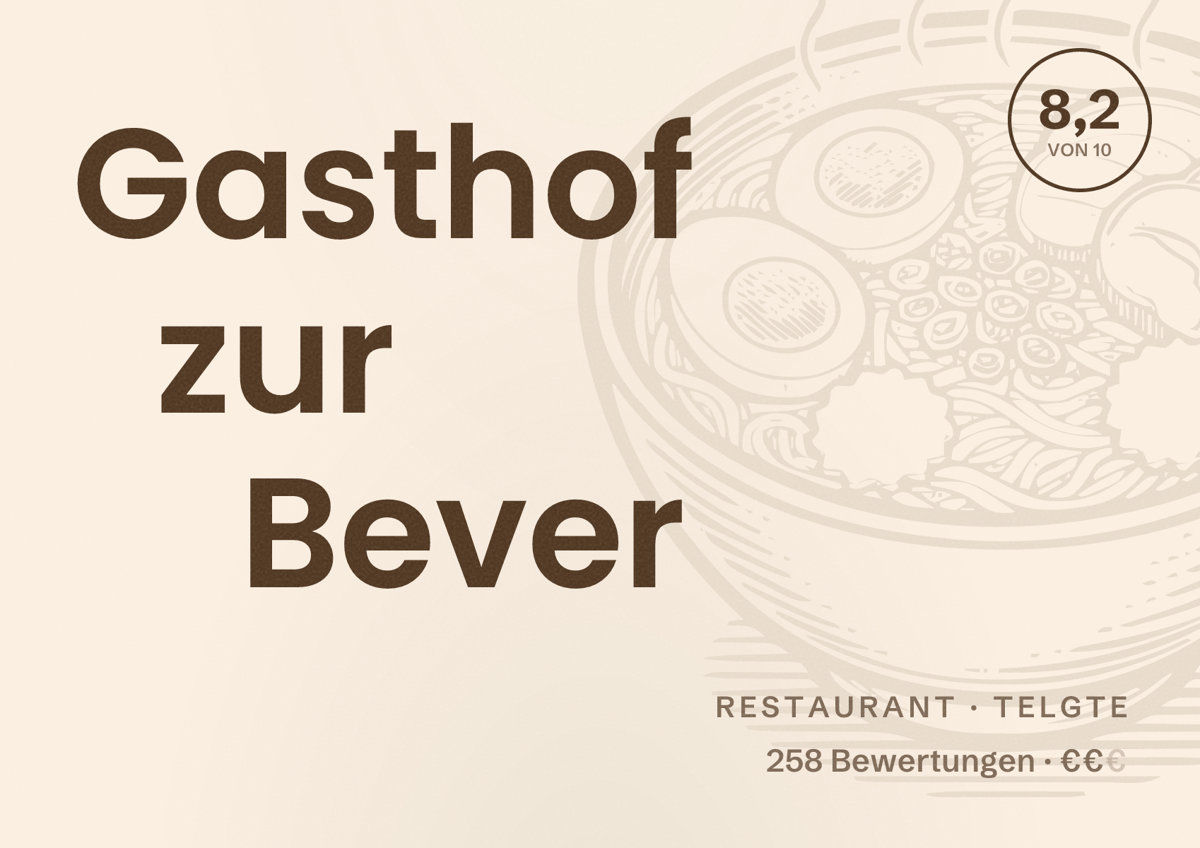Illustriertes Poster von Gasthof zur Bever, Restaurant in Telgte: Bewertung 8,2 von 10 aus 258 Bewertungen, Preisniveau €€
