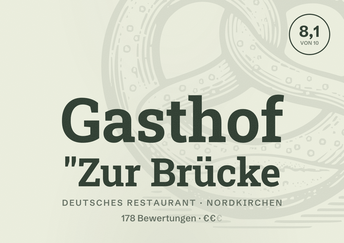 Illustriertes Poster von Gasthof "Zur Brücke, Deutsches Restaurant in Nordkirchen: Bewertung 8,1 von 10 aus 178 Bewertungen, Preisniveau €€