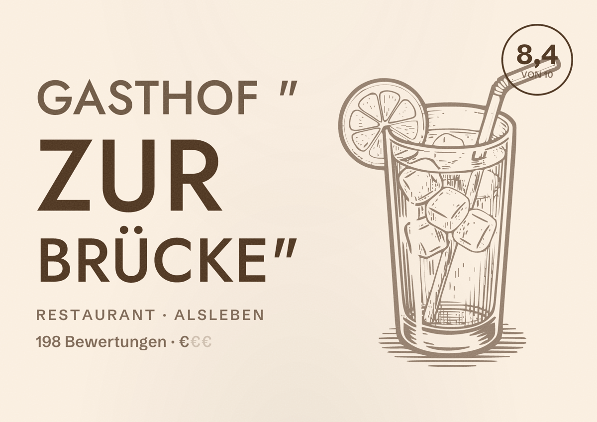 Illustriertes Poster von Gasthof " Zur Brücke", Restaurant in Alsleben: Bewertung 8,4 von 10 aus 198 Bewertungen, Preisniveau €