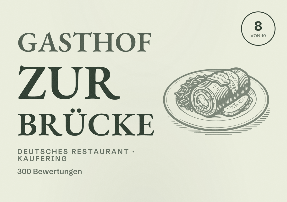 Illustriertes Poster von Gasthof Zur Brücke, Deutsches Restaurant in Kaufering: Bewertung 8 von 10 aus 300 Bewertungen