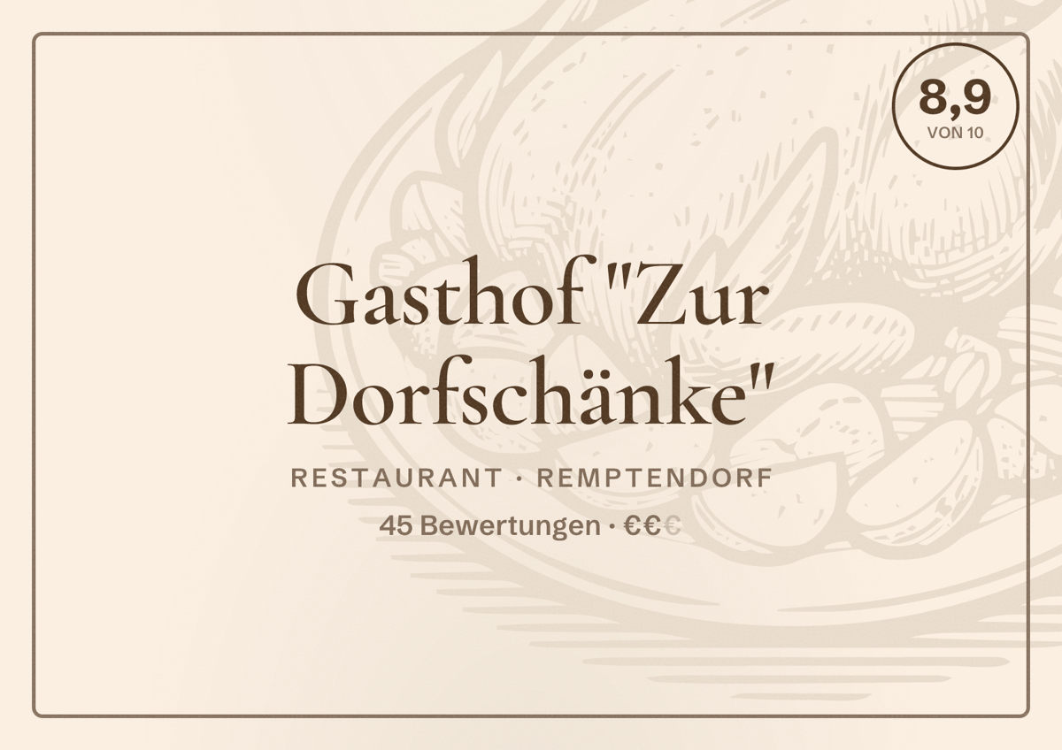 Illustriertes Poster von Gasthof "Zur Dorfschänke", Restaurant in Remptendorf: Bewertung 8,9 von 10 aus 45 Bewertungen, Preisniveau €€