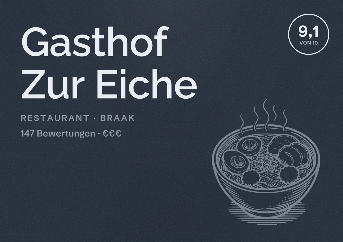 Illustriertes Poster von Gasthof Zur Eiche, Restaurant in Braak: Bewertung 9,1 von 10 aus 147 Bewertungen, Preisniveau €€€