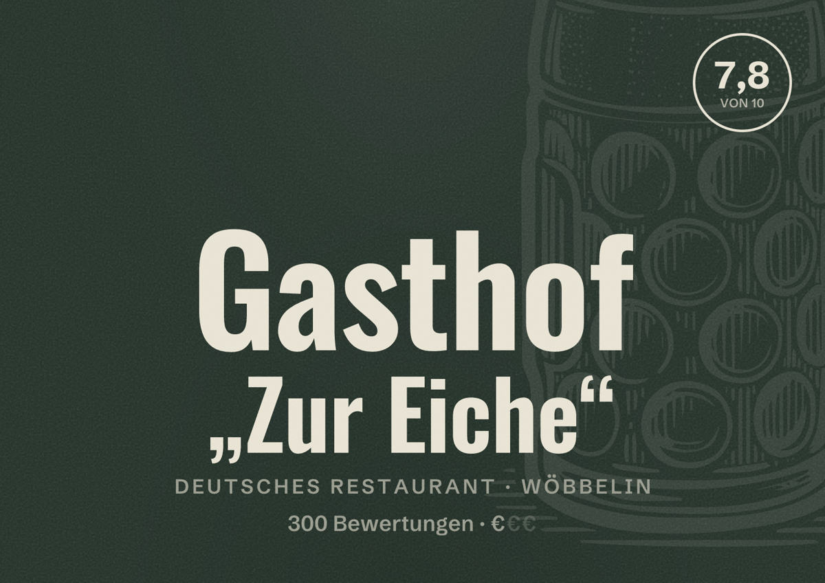 Illustriertes Poster von Gasthof „Zur Eiche“, Deutsches Restaurant in Wöbbelin: Bewertung 7,8 von 10 aus 300 Bewertungen, Preisniveau €