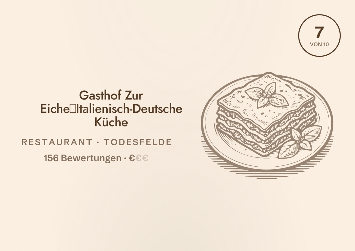Illustriertes Poster von Gasthof Zur Eiche｜Italienisch-Deutsche Küche, Restaurant in Todesfelde: Bewertung 7 von 10 aus 156 Bewertungen, Preisniveau €