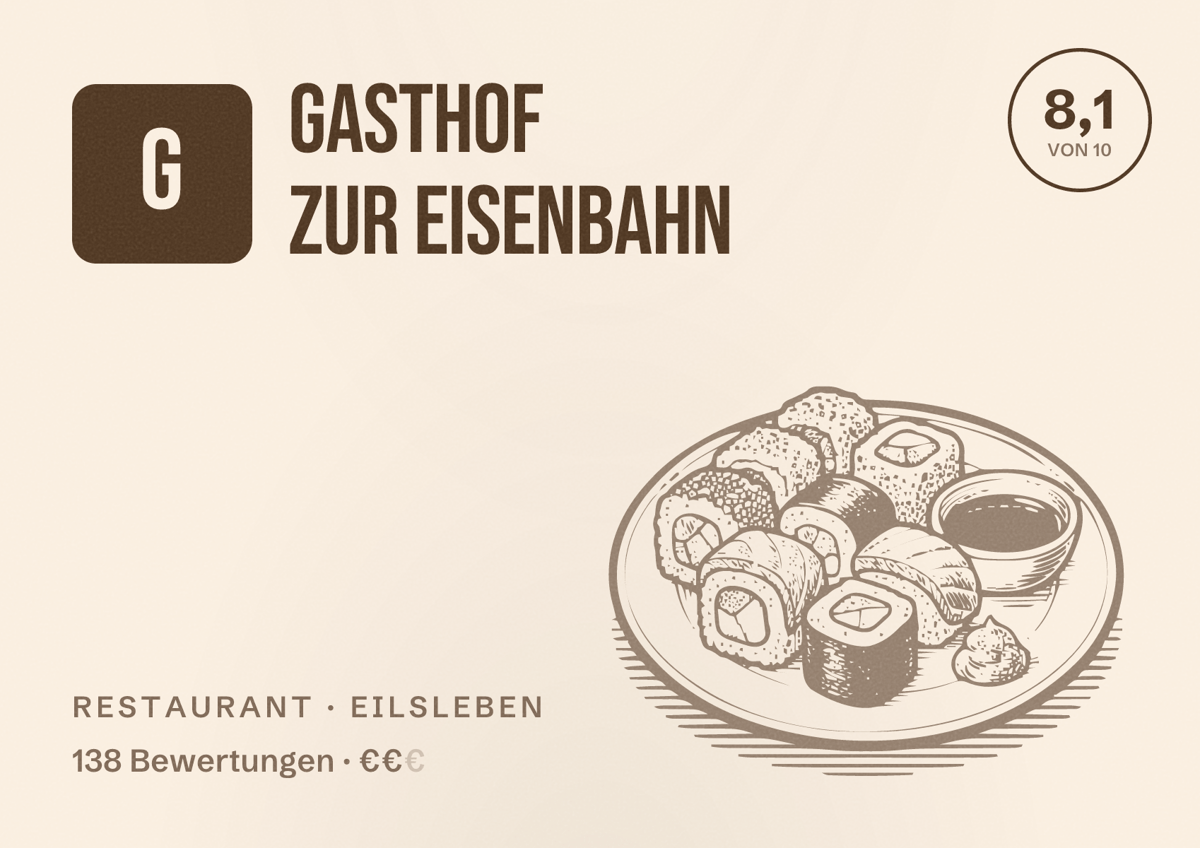 Illustriertes Poster von Gasthof zur Eisenbahn, Restaurant in Eilsleben: Bewertung 8,1 von 10 aus 138 Bewertungen, Preisniveau €€