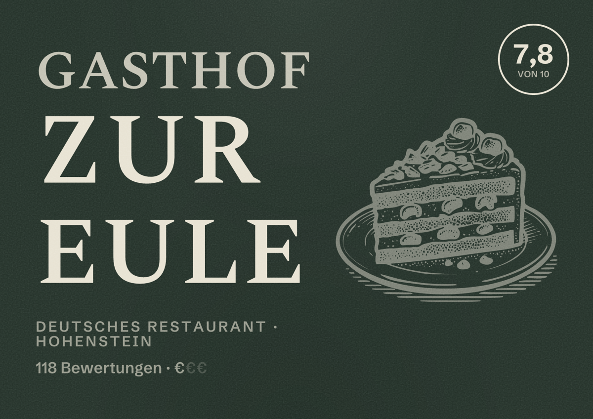 Illustriertes Poster von Gasthof zur Eule, Deutsches Restaurant in Hohenstein: Bewertung 7,8 von 10 aus 118 Bewertungen, Preisniveau €