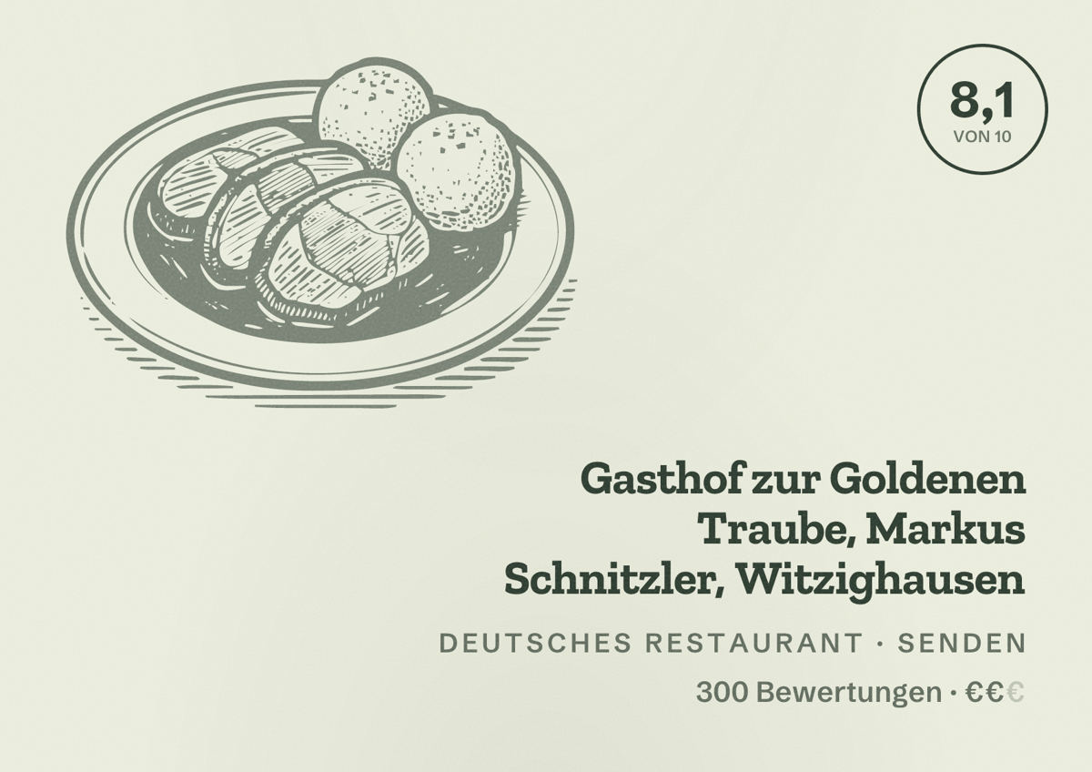 Illustriertes Poster von Gasthof zur Goldenen Traube, Markus Schnitzler, Witzighausen, Deutsches Restaurant in Senden: Bewertung 8,1 von 10 aus 300 Bewertungen, Preisniveau €€