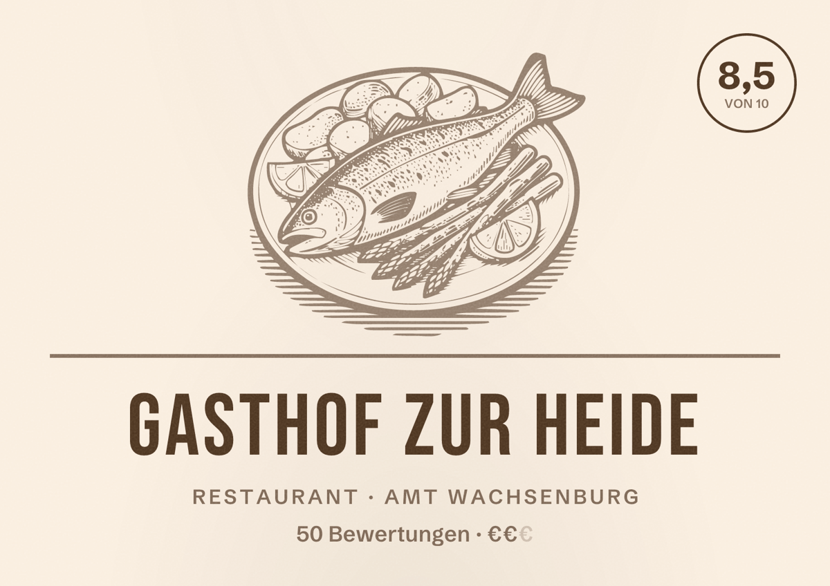 Illustriertes Poster von Gasthof Zur Heide, Restaurant in Amt Wachsenburg: Bewertung 8,5 von 10 aus 50 Bewertungen, Preisniveau €€