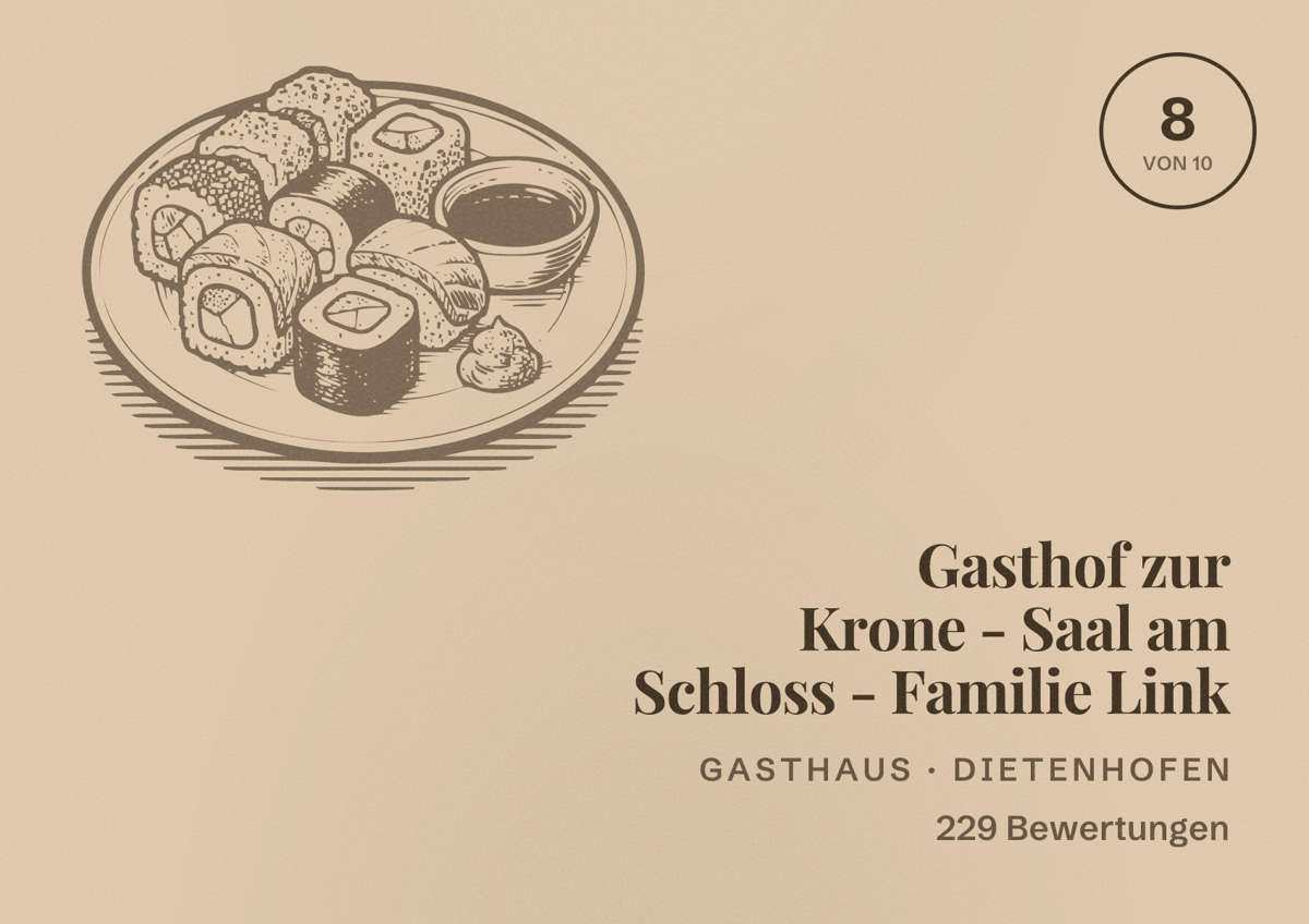 Illustriertes Poster von Gasthof zur Krone - Saal am Schloss - Familie Link, Gasthaus in Dietenhofen: Bewertung 8 von 10 aus 229 Bewertungen
