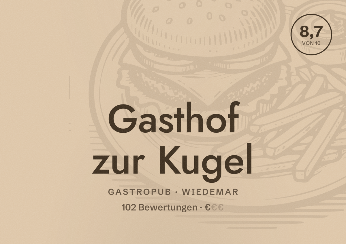 Illustriertes Poster von Gasthof zur Kugel, Gastropub in Wiedemar: Bewertung 8,7 von 10 aus 102 Bewertungen, Preisniveau €