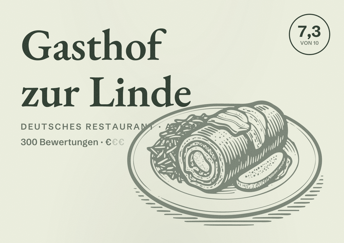 Illustriertes Poster von Gasthof zur Linde, Deutsches Restaurant in Achim: Bewertung 7,3 von 10 aus 300 Bewertungen, Preisniveau €