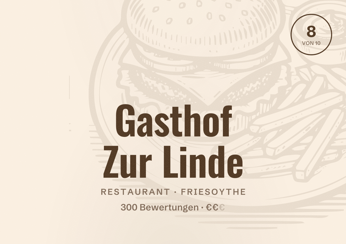 Illustriertes Poster von Gasthof Zur Linde, Restaurant in Friesoythe: Bewertung 8 von 10 aus 300 Bewertungen, Preisniveau €€