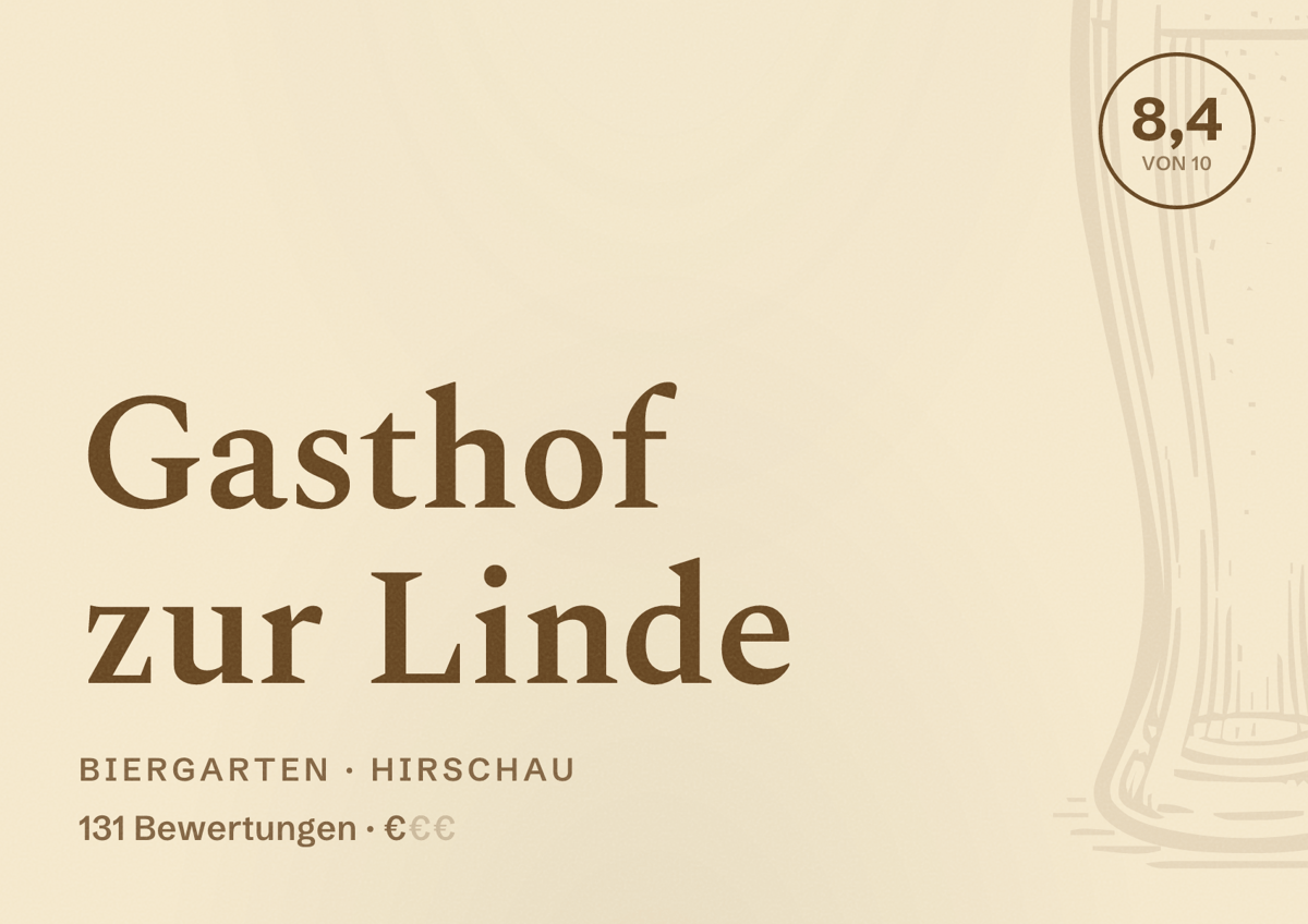 Illustriertes Poster von Gasthof zur Linde, Biergarten in Hirschau: Bewertung 8,4 von 10 aus 131 Bewertungen, Preisniveau €