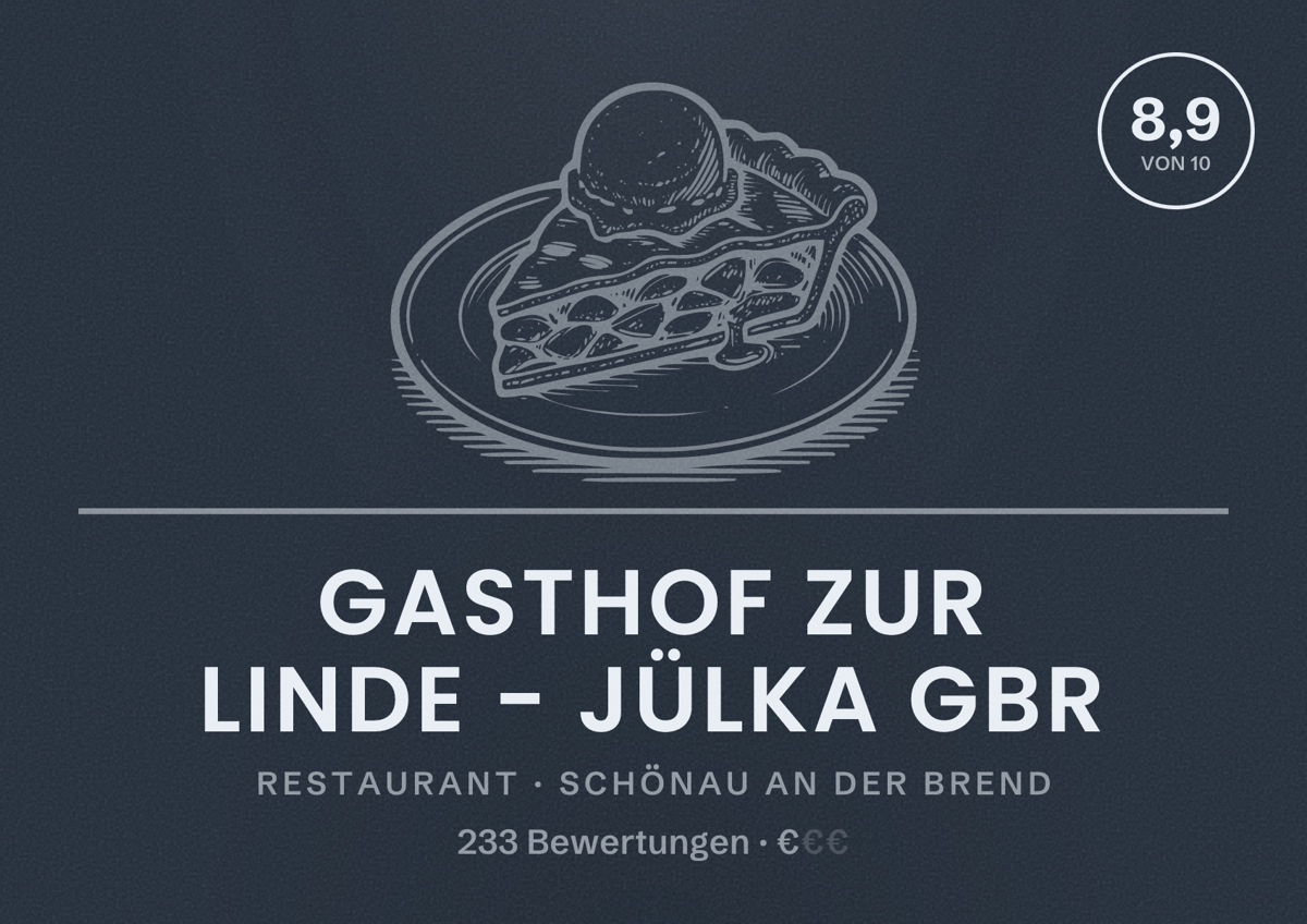 Illustriertes Poster von Gasthof Zur Linde - Jülka GbR, Restaurant in Schönau an der Brend: Bewertung 8,9 von 10 aus 233 Bewertungen, Preisniveau €