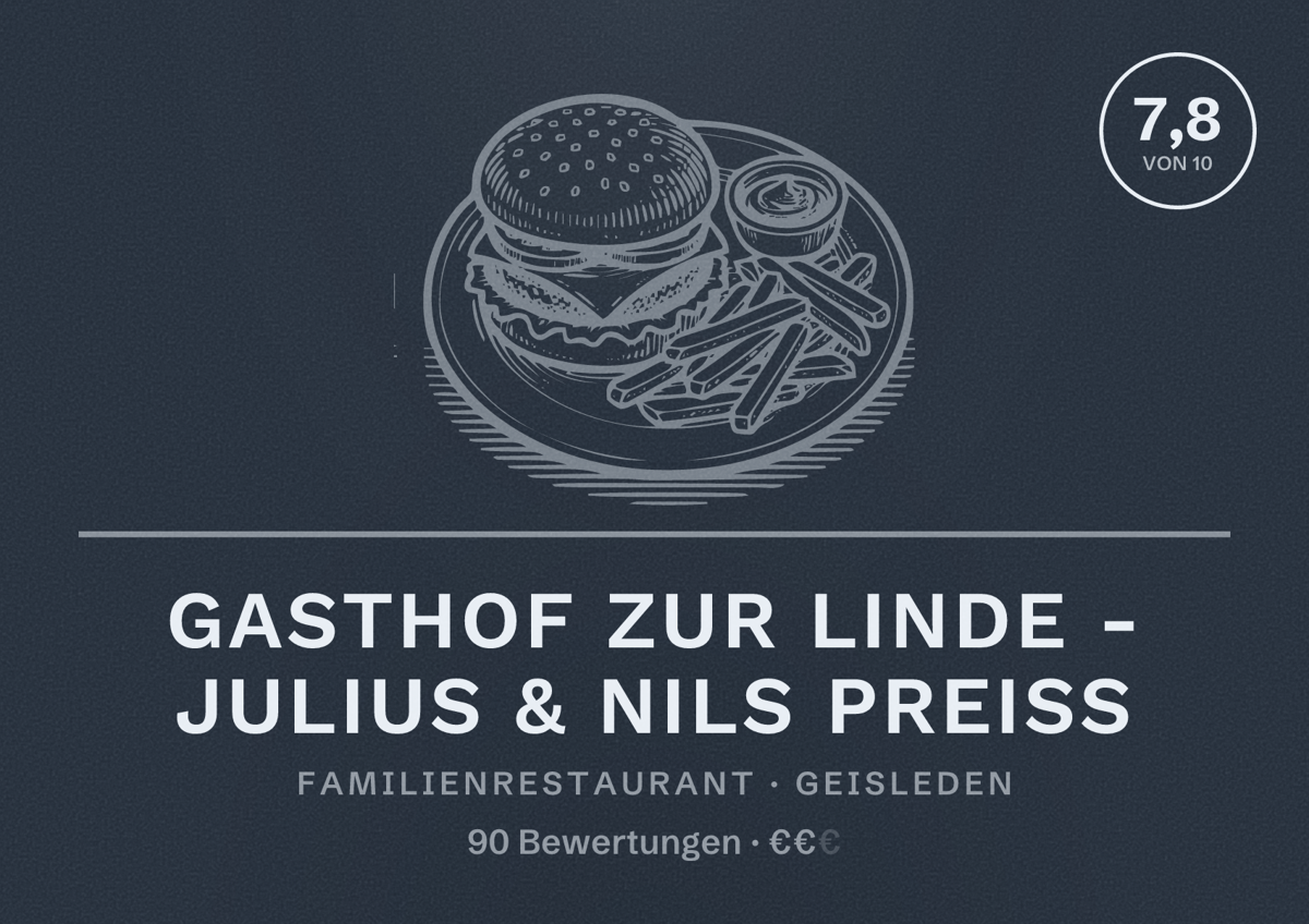 Illustriertes Poster von Gasthof Zur Linde - Julius & Nils Preiß, Familienrestaurant in Geisleden: Bewertung 7,8 von 10 aus 90 Bewertungen, Preisniveau €€
