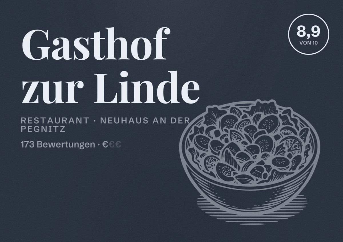 Illustriertes Poster von Gasthof zur Linde, Restaurant in Neuhaus an der Pegnitz: Bewertung 8,9 von 10 aus 173 Bewertungen, Preisniveau €