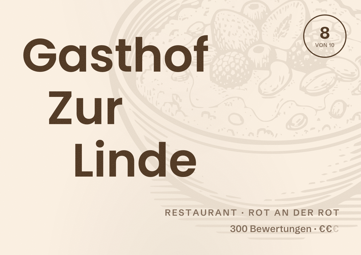 Illustriertes Poster von Gasthof Zur Linde, Restaurant in Rot an der Rot: Bewertung 8 von 10 aus 300 Bewertungen, Preisniveau €€