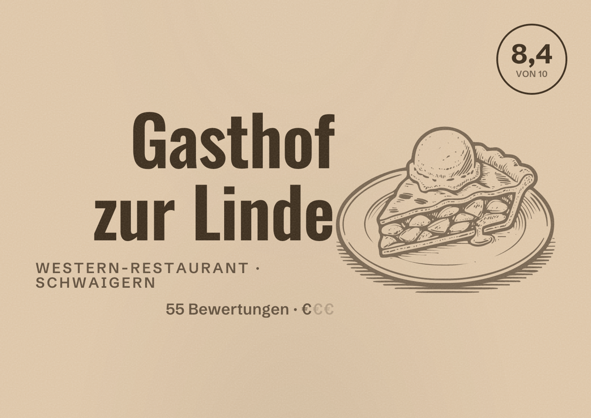 Illustriertes Poster von Gasthof zur Linde, Western-Restaurant in Schwaigern: Bewertung 8,4 von 10 aus 55 Bewertungen, Preisniveau €