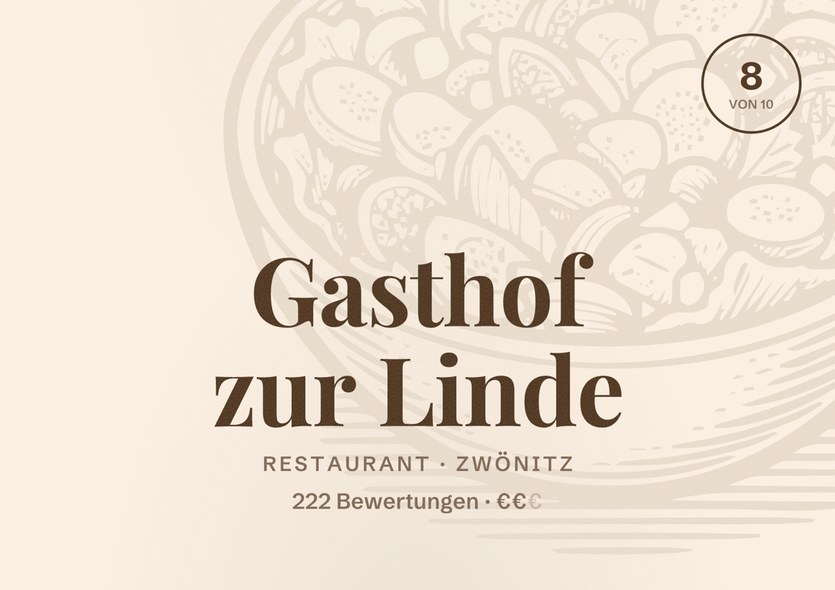 Illustriertes Poster von Gasthof zur Linde, Restaurant in Zwönitz: Bewertung 8 von 10 aus 222 Bewertungen, Preisniveau €€